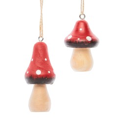 The Bridge Collection Wooden Mushroom Ornaments - Set of 2 - Rustic Red Toadstool Christmas Ornaments