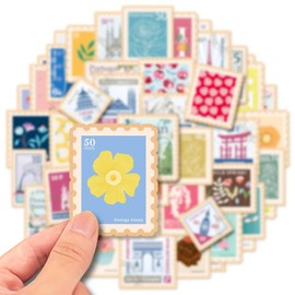 50Pcs Vintage Postage Stamp Vinyl Stickers,Stamp Graffiti Stickers,Waterproof Sticker for Phone Laptop Bottles Skateboard Computer Phone Luggage Guitar Gifts Sticker for Kids Teens Girls