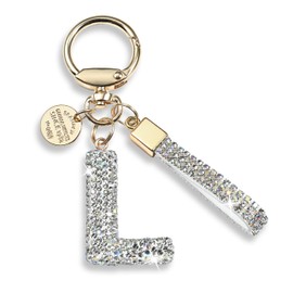 Pink Blue White Initial Letter Keychain Gift for Women Girls Bling Sparkly Cute Backpack Car Key Accessories Lanyard (L-white)