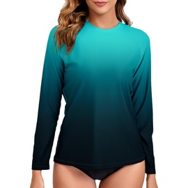 Halcurt Women's Long Sleeve Rash Guard Swim Top UPF50+ SPF Sun Protection Swimsuit Quick Dry Bathing Suit Ombre Light Blue Peacock Blue 2XL