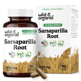 Wild & Organic Sarsaparilla Root Capsules - Skin & Detox Support - Sarsaparilla Root 1000mg Extract Supplement - 45 Days of Supply - 90 Vegan Capsules - Non-GMO, Gluten-Free, No Fillers