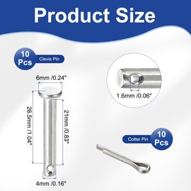 uxcell 10Pcs M4x25mm Clevis Pins, 304 Stainless Steel Single Hole Flat Head Hitch Fastener Lock Systems with Cotter Pins for Furniture Installation Trailer Lawn Mower, Silver