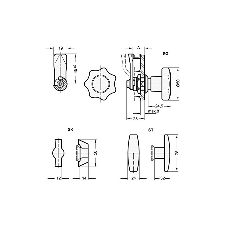 Ganter Normelemente Locks with control element, GN 115-SK-10, actuation with