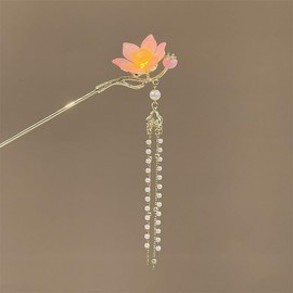 Lotus Flower Hairpin, Chinese Hanfu Style Tassel Hair Stick Retro Lantern Hair Chopstick Hair Accessories for Women Girls Long Hair (Pink)