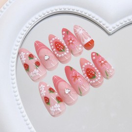 Cute Press on Nails Short Almond False Nails with 3D Bow and Flower Designs Strawberry Art Fake Nails Glossy Glue on Nail Pink Full Cover Acrylic Nail Decoration Manicure for Women