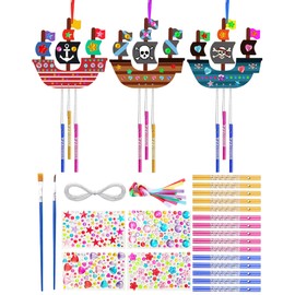 Benvo 10 Pack Wood Wind Chime Make Your Own Chimes Pirate Ship Ornaments Wooden Chime Kits with Gem Diamond Stickers for DIY Arts and Crafts Kids Birthday Party Gift Making Children Craft Fun