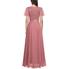 Miusol Women's Elegant Deep-V Neck Ruffle Tulle Sleeve Sequin Lace Formal Maxi Dress (Large, Cinnamon Pink)