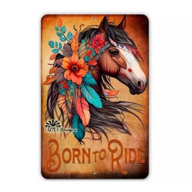 Horse Sign - Born to Ride horse with feathers, indoor outdoor decor 8x12
