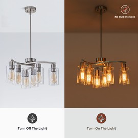FTL Modern Farmhouse Brushed Nickel Chandeliers for Dining Room Light Fixture Over Table, 6-Light Silver Chandelier Hanging Pendant Light for Kitchen Island Entryway Bedroom Living Room, Glass Shade