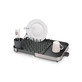 Joseph Joseph Duo Expanding Dish Drying Rack with Removable Silverware Holder, Draining Spout, Stainless Steel