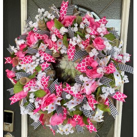 XL Beautiful Romantic Pink Rose Floral Deco Mesh Front Door Wreath, Porch Patio Yard, Garden, Unique Gift Idea, Spring Summer Decor, Mother's Day Gift