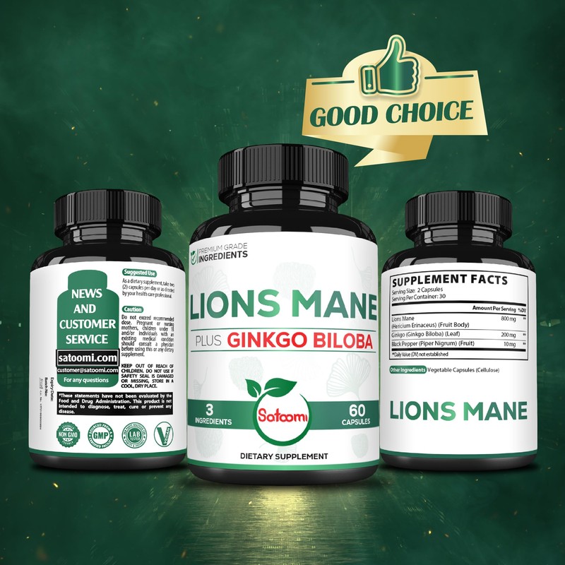 Satoomi Lions Mane with Ginkgo Biloba Supplement - 60 Capsules