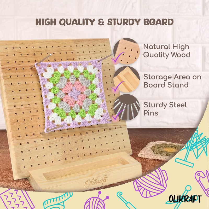 Olikraft Crochet Board with Pegs - 15 Pins Granny Square
