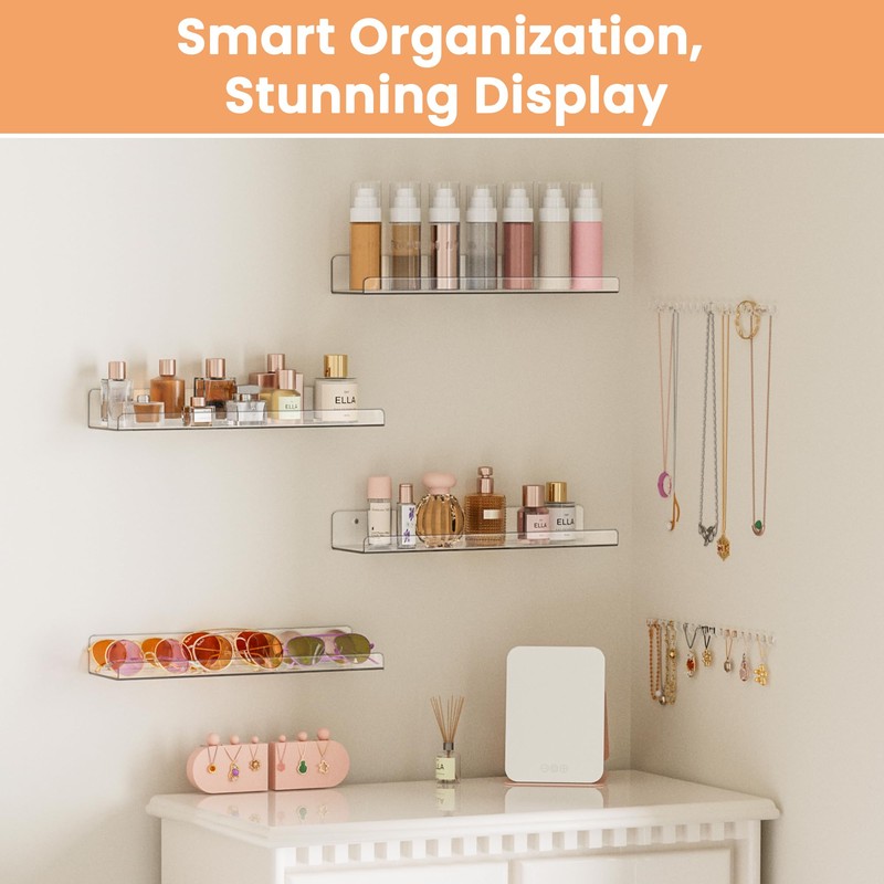 upsimples 4 Pack Acrylic Shelves for Wall Storage, 15" Floating
