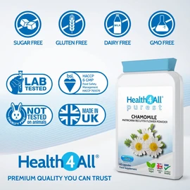 Chamomile 375mg 60 Capsules (V) .(not Tablets) Purest- no additives, Vegan Capsules for Anxiety, Stress, Sleep and Digestive Health. Made in The UK by Health4All