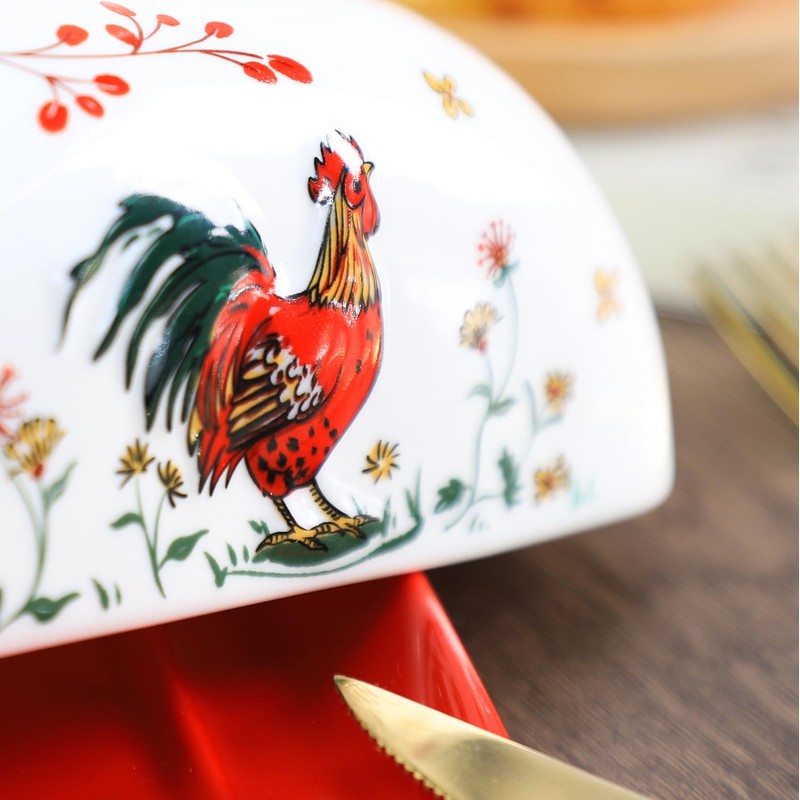 Sizikato Classic Porcelain Butter Dish with Lid, Beautiful Rooster Pattern