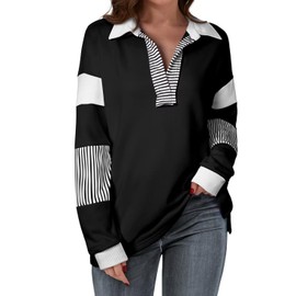 BLENCOT Women Sweatshirt Color Block V Neck Contrast Top Casual Oversized Side Slit t Shirts Polo Sweatshirts Pullover Fall Lightweight Top Black XX-Large