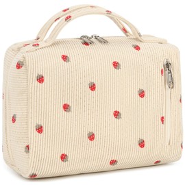 Bluboon Bluboon Makeup Bag Zipper Pouch Travel Toiletry Bag Portable Cosmetic Bag Organizer for Women and Girls(Strawberry Corduroy Beige)