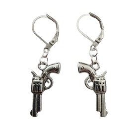 Gun Charm Lever Back Clip Earrings, Revolver Dangle Earrings, West Style Quirky Jewelry
