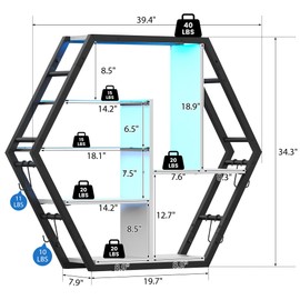 kepptory 39 inch Large Gaming Floating Shelves with LED Lights, 5 Tier Gaming Shelf for Wall with 2 Removable Glass Shelves, Wall Display Shelf Bookshelf with 8 Hooks for Bedroom, Game Room