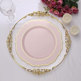 Balsa Circle 10 Blush 10.5-Inch Round Plastic Dinner Plates with Gold Scalloped Rim Disposable for Weddings Parties Birthdays Receptions Events Catering Buffet Dinnerware Tableware Decorations