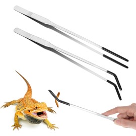 QFGasre 2 Pcs Stainless Steel Reptile Feeding Tongs Long Aquarium Tweezers with Rubber Tip 10.6 inch Bearded Dragon Aquarium Straight and Curved Tweezers Terrarium Feeder Tool for Tanks