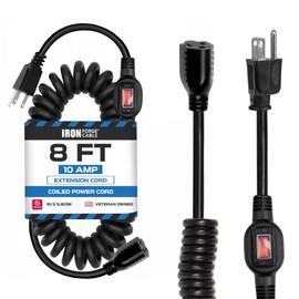 Iron Forge Cable SJEOW 8 ft Black Outdoor Coiled Extension Cord with Inline IP65 Waterproof Switch On/Off, 16/3 10 Amp Indoor/Outdoor Oil Resistant Coiled Cable 3 Prong