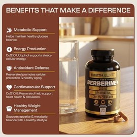 Earth Elixir 4 en 1. Berberina 1200 mg, Resveratrol 400 mg, COQ10 200 mg y Canela de Ceilán 150 mg –Probado por terceros– (180 cápsulas) –Pureza máxim