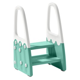 Two Step Stool with Handrails for Toddler and Kids, Standing Learning Stool Tower for Bathroom Sink, Potty Training, Children Step Up Learning Helper with Handles (Green-White)