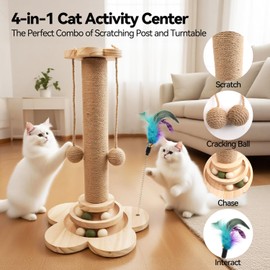 FOR-HI Cat Scratching Post, 4 in 1 Wooden Cat Scratcher Toy, 18.11" Tall Scratch Post with 2 Level Cat Track Balls, Interactive Feather Toy and 2 Sisal Hanging Balls for Indoor Kittens, Adult Cats