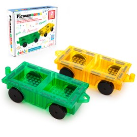 PicassoTiles 2pcs Magnetic Tiles Expansion Car Truck Building Blocks Compatible with regular bricks, Kids Magnet Bricks STEM Learning Toys, Add-ons Toddler Preschool 3 Years and up Boys and Girls PT21