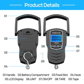 75Kg/165Lb Digital Luggage Scale for Travel, Fishing Weight Scale Unit with 1.5M Measuring Tape, Suitcase Weight Unit Can Switch Kg/Lb/Jin/Oz 4 Units, with Hook, Battery Included