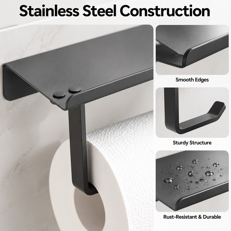 Stainless Steel Toilet Paper Holder with Phone Shelf – Wall