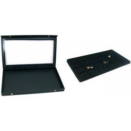 FindingKing Black Glass Top Jewelry Case (Snap close lid) w/ Black 24-slot Plastic Tray