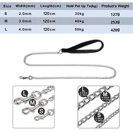 Strong Dog Lead Chain 1.2m 1.8m Chew Proof Metal Dog Leash 4ft 6ft Heavy Duty No Bite Lead for Puppies Small Medium Large Dogs - Padded Comfy Handle Black