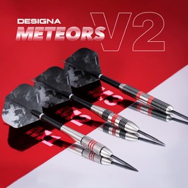 Designa Darts Meteors | 32g Premium 90% Tungsten Heavy Barrel Steel Tip Dart Set, M1, Black & Red (D8644)