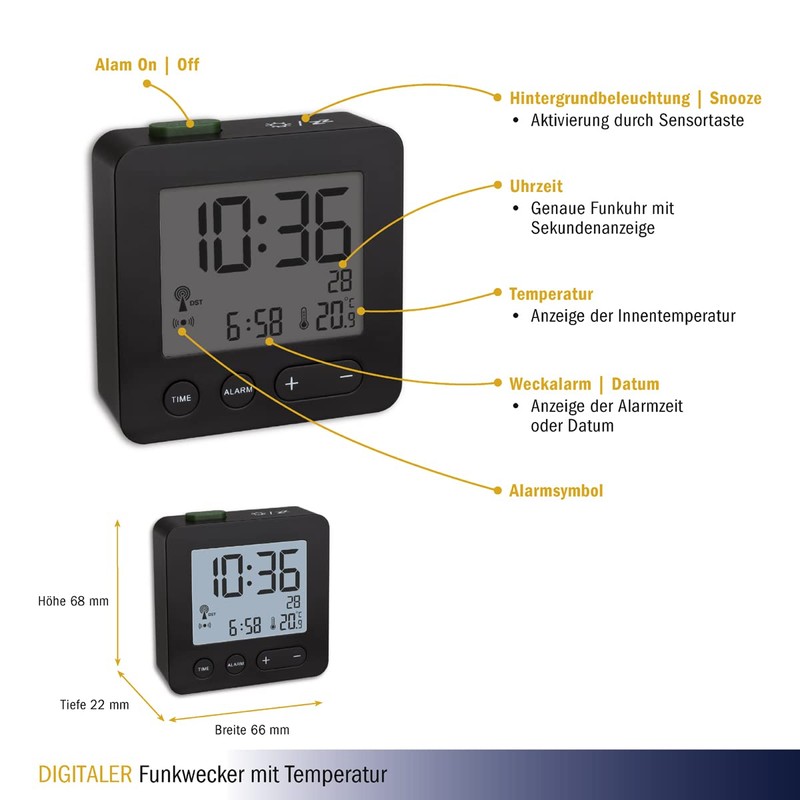 TFA Dostmann 60.2545 Digital Radio-Controlled Alarm Clock, Single, Black