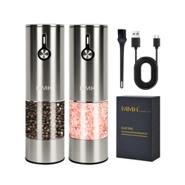 [Upgraded 66g Large Capacity] Electric Salt and Pepper Grinder Set of 2, Rechargeable with 6 Level Adjustable Coarseness, Stainless Steel Automatic Salt and Pepper Shakers Refillable with LED light
