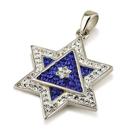 Blue and White Gemstones and Sterling Silver Star of David Pendant Necklace # 7