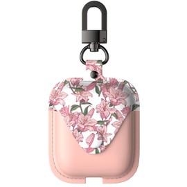 wenew Leather Case for AirPods 1 & 2, AirPods 2 case with snap Closure AirPods Leathe case for Women with Clip (Pink Flower)