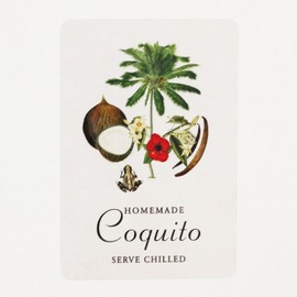 COQUITO (Hibiscus) Labels with graphic of Coconut, Vanilla Bean, Palm Tree, Frog and Hibiscus. 2" WIDE X 3" TALL (18)