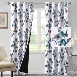 H.VERSAILTEX 100% Blackout Curtains 96 inch Length 2 Panels Set Cattleya Floral Printed Drapes Leah Floral Thermal Curtains for Bedroom with Black Liner Sound Proof Curtains, Grey and Teal