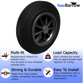 Wheelie Bin Wheel Replacement Wheels 200mm Nose Wheel for Domestic Bins Set Consists of 2 Wheels - Rubber Wheels - Black