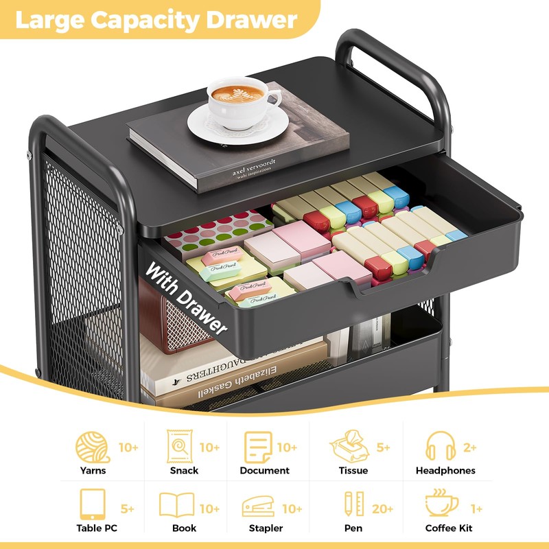 3 Tier Metal Rolling Cart with Drawer, Black Utility Storage