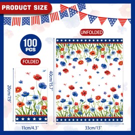 100 PCS Independence Day Napkins, Red and Blue Poppy Flower Patriotic 3-Ply Disposable Hand Towel for Summer July of 4th Guest Napkin Election Day Celebration Party Supplies Table Decorations