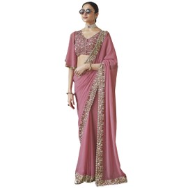 TRENDMALLS Women's Georgette Lakhanvi Embroidery with Sequence Moti work Women Saree (K1001-Pink)
