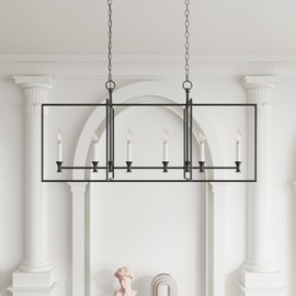 Aiwen 6-Light Large Pendant Lights Kitchen Island Industrial Black Finish Candle Chandeliers with White Shade 48.5 inch Farmhouse Rectangular Chandelier for Dining Room Table Bar E13