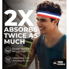 Tough Headwear Sports Sweatband Headband Wristband Set - Terry Cloth Headbands for Men & Women, Sweat Bands for Tennis, Sports, Basketball, Gym, Exercise - USA