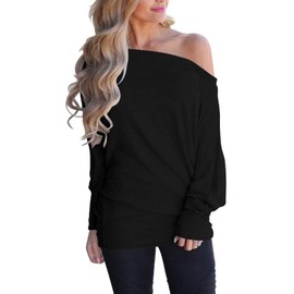 Eniloyal Long Sleeve Women's Off Shoulder Top Batwing Long Sleeve Oversized Pullover Sexy Basic Off-the-Shoulder Shirts Autumn, Ml-black