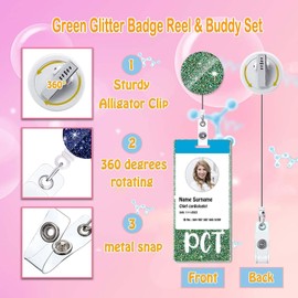 ANDGING Glitter PCT Badge Buddy and Reel Set - Vertical Buddies With Green Retractable Reels for Nurses, Nursing Students, Medical Staff - ID Name Card Holder